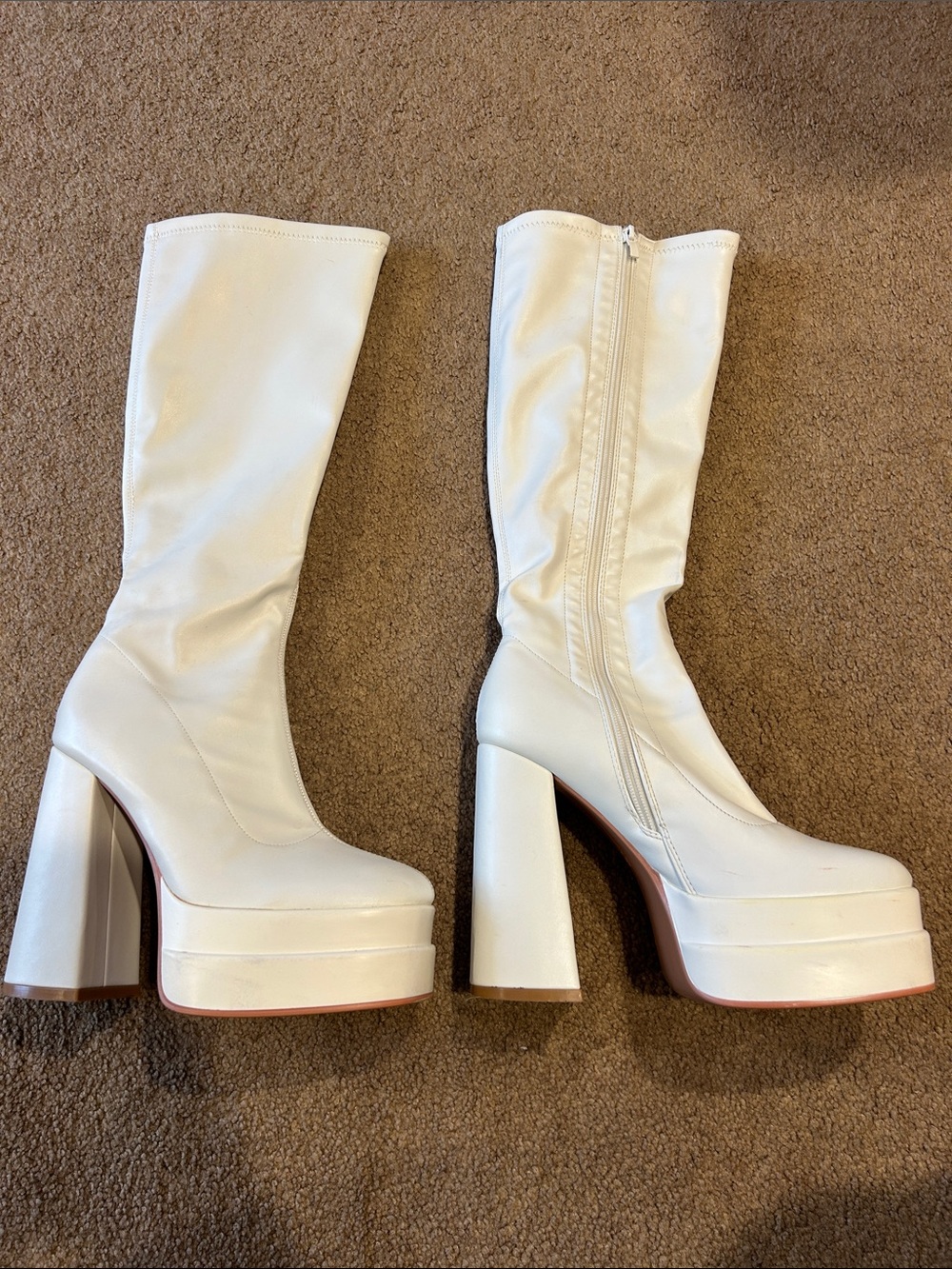 White faux leather Platform Knee-High Heeled Boots with Side Zip
